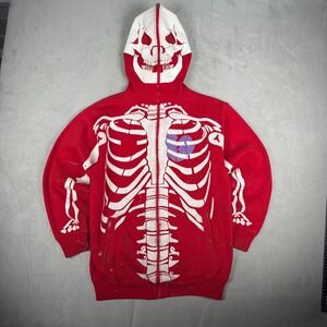 Y2K Mens BMX Skeleton Full‎ Zip Skull Mask Hoodie Red Streetwear Size L 16-18